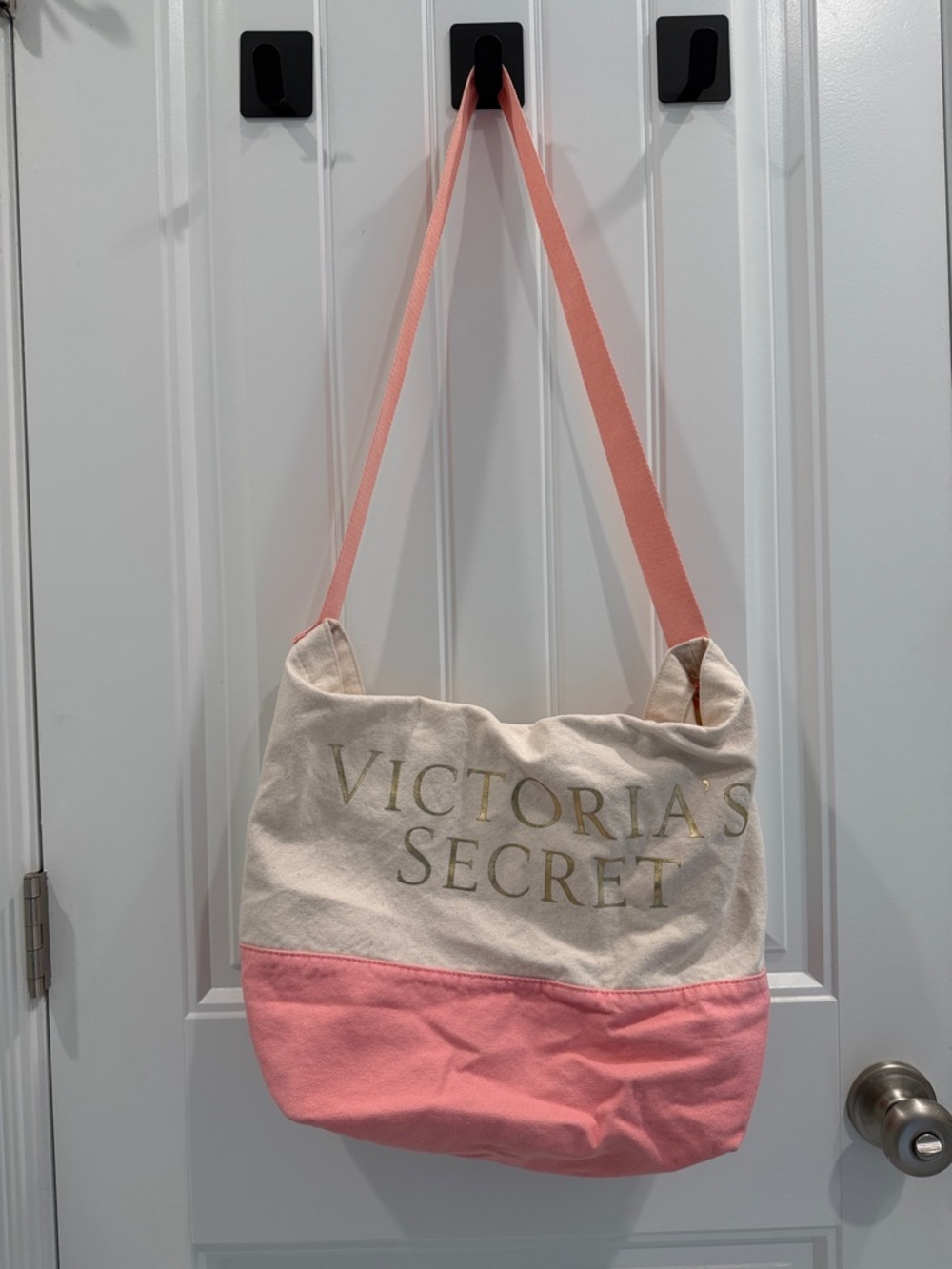 Victoria's Secret Cream and Coral Pink Canvas Shoulder Tote